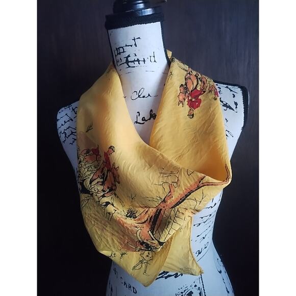 Vintage Equestrian Fox Hunting Dogs Hounds Yellow English Scarf 29 x 30 square - Picture 2 of 15